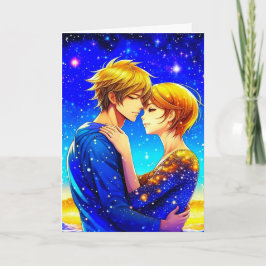 Anime Couple på en stjärndag på Alla hjärtans dag Kort