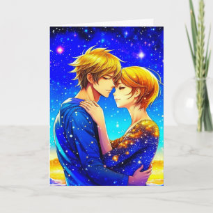 Anime Couple på en stjärndag på Alla hjärtans dag Kort