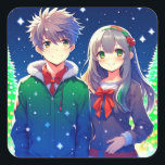 Anime Couple Romantic-jul Fyrkantigt Klistermärke<br><div class="desc">Jultid med ett sött animerat par med snöig bakgrund i gräs träd.</div>