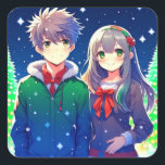 Anime Couple Romantic-jul Fyrkantigt Klistermärke<br><div class="desc">Jultid med ett sött animerat par med snöig bakgrund i gräs träd.</div>