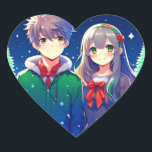 Anime Couple Romantic-jul Hjärtformat Klistermärke<br><div class="desc">Jultid med ett sött animerat par med snöig bakgrund i gräs träd.</div>