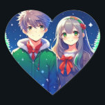 Anime Couple Romantic-jul Hjärtformat Klistermärke<br><div class="desc">Jultid med ett sött animerat par med snöig bakgrund i gräs träd.</div>