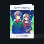 Anime Couple Romantic-jul Kort<br><div class="desc">Julkort med ett sött animerat par med snöig bakgrund i gräs träd.</div>