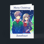 Anime Couple Romantic-jul Kort<br><div class="desc">Julkort med ett sött animerat par med snöig bakgrund i gräs träd.</div>
