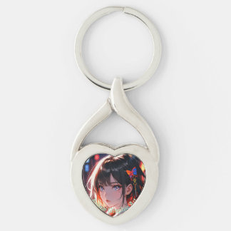 anime cute girl design twisted heart silverfärgad nyckelring