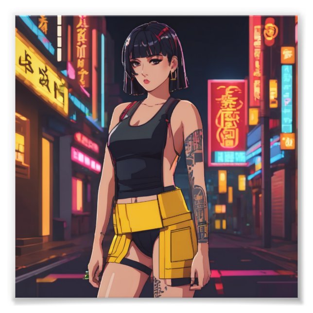 Anime Cyber Punk Girl Tokyo Night Fototryck (Framsidan)