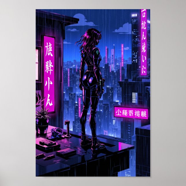 Anime Cyberpunk Neon Stad Väggkonst (Framsidan)