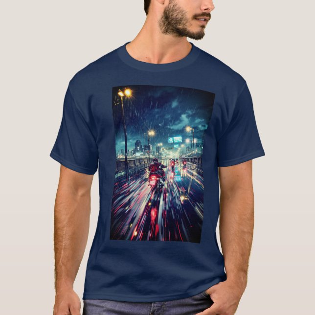 Anime Cyberpunk Rainy City Motorcycle T Shirt (Framsida)