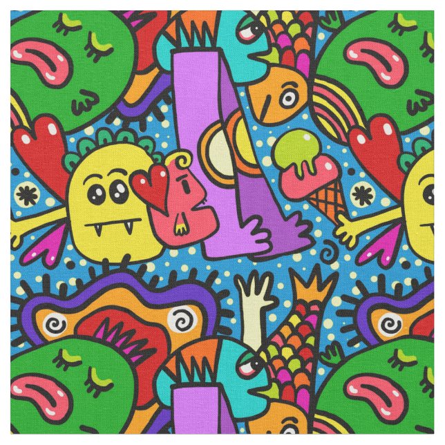 Anime design doodles faces smiles tyg (Närbild)