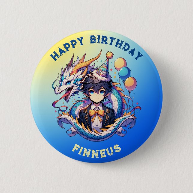 Anime Dragon Personlig Birthday Boy Knapp (Framsida)