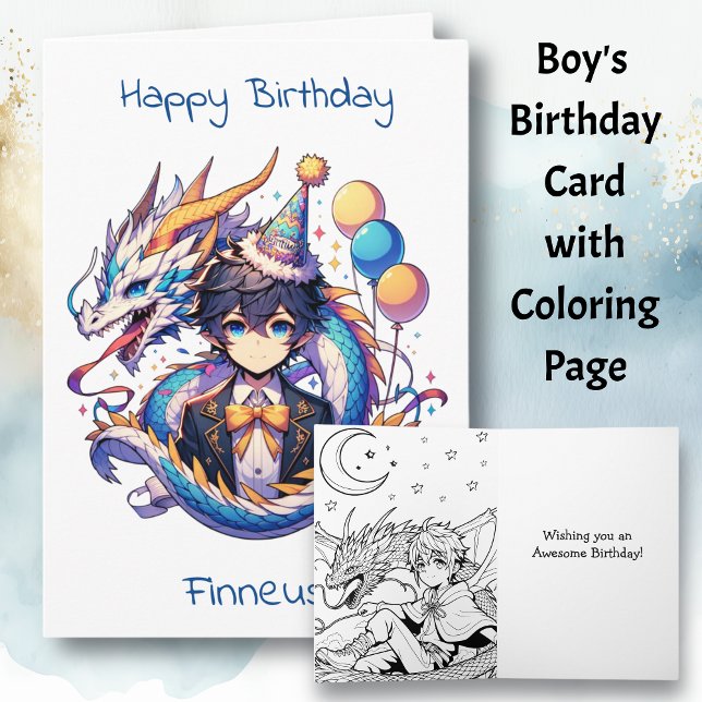 Anime Dragon Thmet Boy's Birthday | Färgsida Kort (Skapare uppladdad)