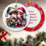 Anime Elves och Snöflingor Personlig jul Julgransprydnad Keramik<br><div class="desc">Djuren i Santa Hats som håller leksak fick personligen julprydnad.</div>