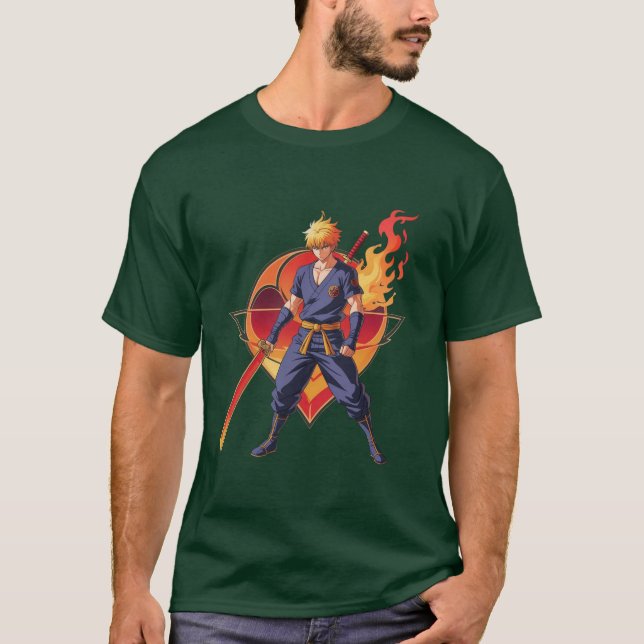 Anime Flame Warrior T-Shirt - Epic Samurai Design (Framsida)