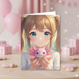 Anime Flicka' Axolotl Födelsedag med Målarbild Kort