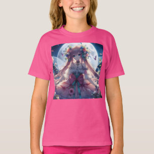 Anime Flicka Blomma Måne Älv T Shirt
