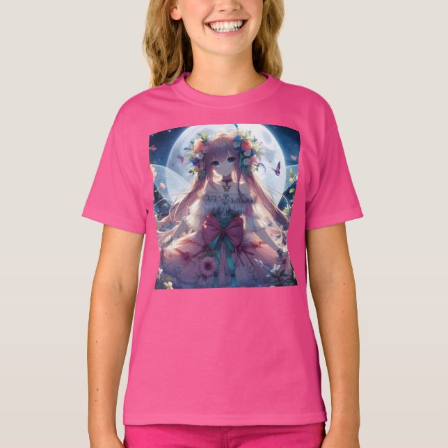 Anime Flicka Blomma Måne Älv T Shirt (Framsida)