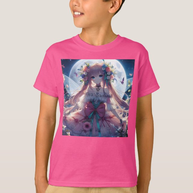 Anime Flicka Blomma Måne Älv T Shirt (Framsida)