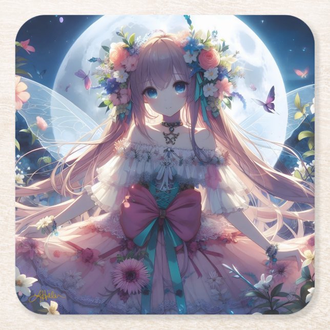 Anime Flicka Blomma Måne Älv Underlägg Papper Kvadrat (Framsidan)