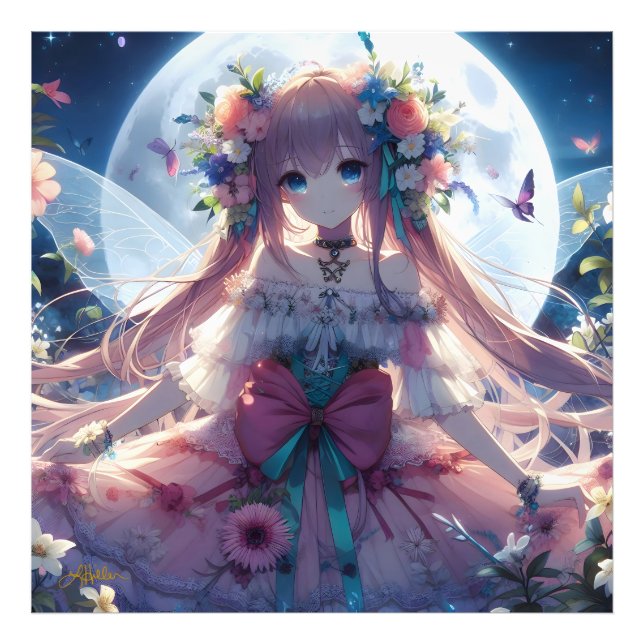 Anime Flicka Blomma Måne Älva Fototryck (Framsidan)