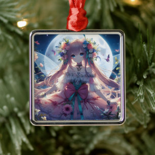 Anime Flicka Blomma Måne Älva Julgransprydnad Metall
