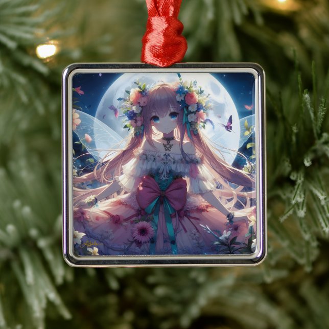 Anime Flicka Blomma Måne Älva Julgransprydnad Metall (Träd)