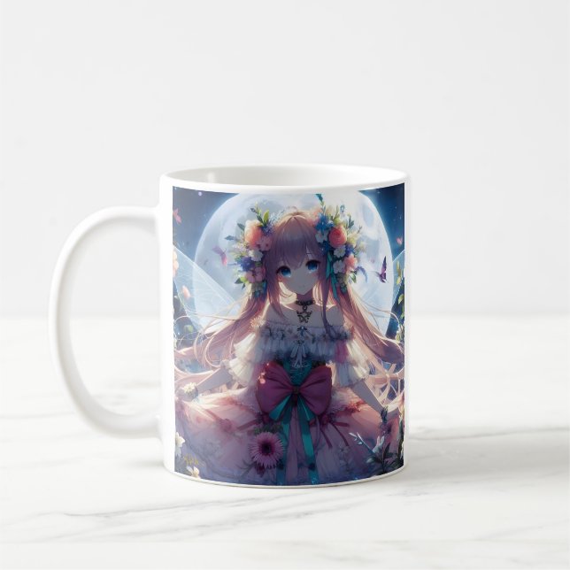 Anime Flicka Blomma Måne Älva Kaffemugg (Vänster)