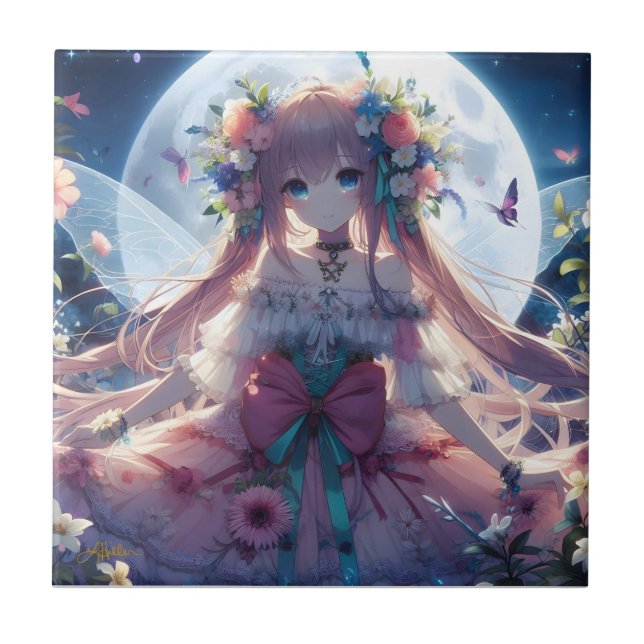Anime Flicka Blomma Måne Älva Kakelplatta (Framsidan)