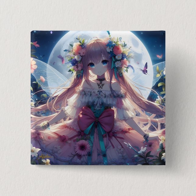 Anime Flicka Blomma Måne Älva Knapp (Framsida)