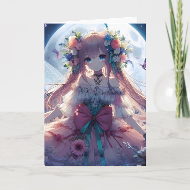 Anime Flicka Blomma Måne Älva Kort (Framsida)