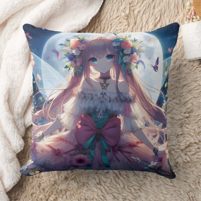 Anime Flicka Blomma Måne Älva Kudde (Filt)