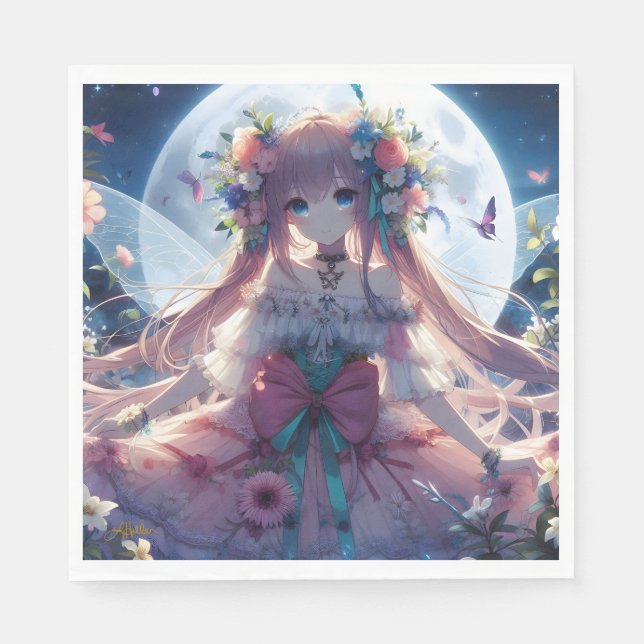 Anime Flicka Blomma Måne Älva Pappersservett (Framsidan)