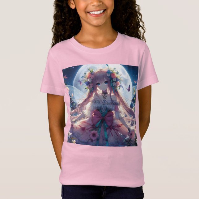 Anime Flicka Blomma Måne Älva T Shirt (Framsida)