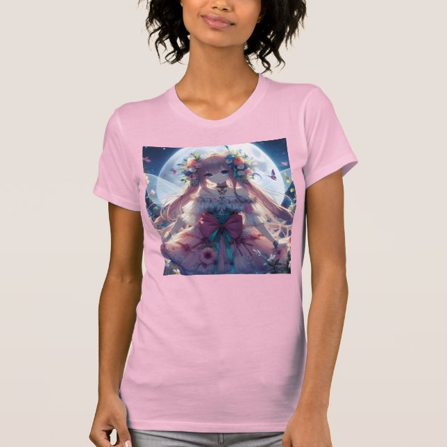 Anime Flicka Blomma Måne Älva T Shirt (Framsida)