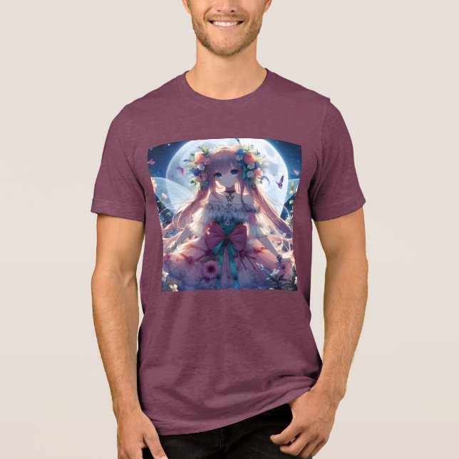 Anime Flicka Blomma Måne Älva T Shirt (Framsida)
