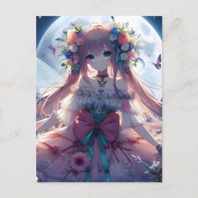 Anime Flicka Blomma Måne Älva Vykort (Framsida)