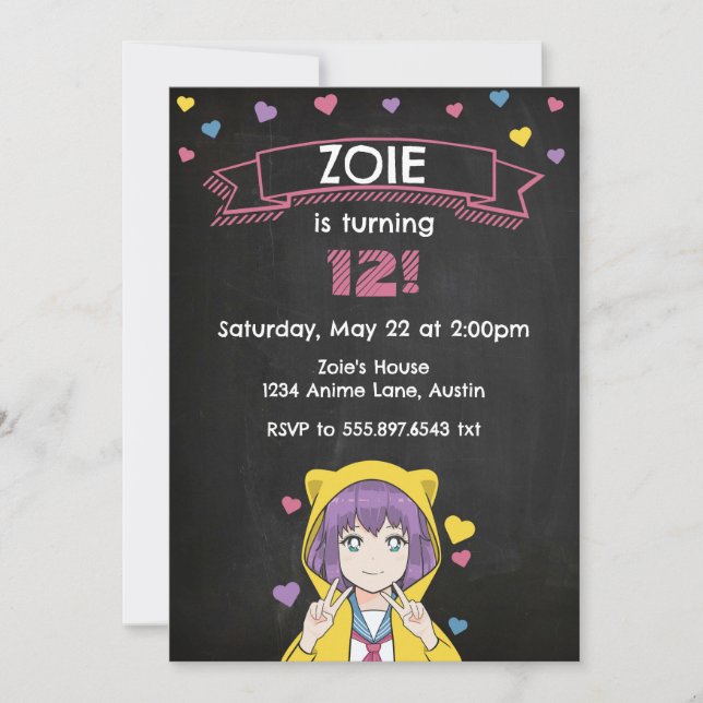 Anime Flicka Fredags Hjärtans Födelsedag Inbjudningar (Framsida)
