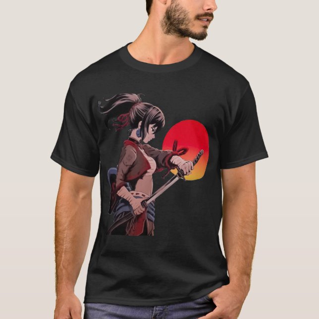 Anime flicka krigarkvinna svärd solnedgång konst t shirt (Framsida)