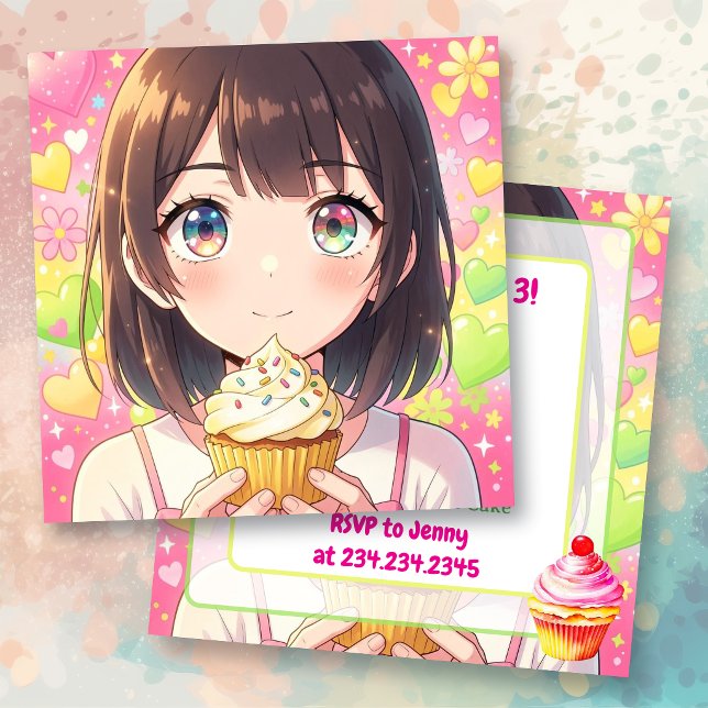 Anime Flicka och Cupcake Födelsedag   Inbjudningar (Skapare uppladdad)