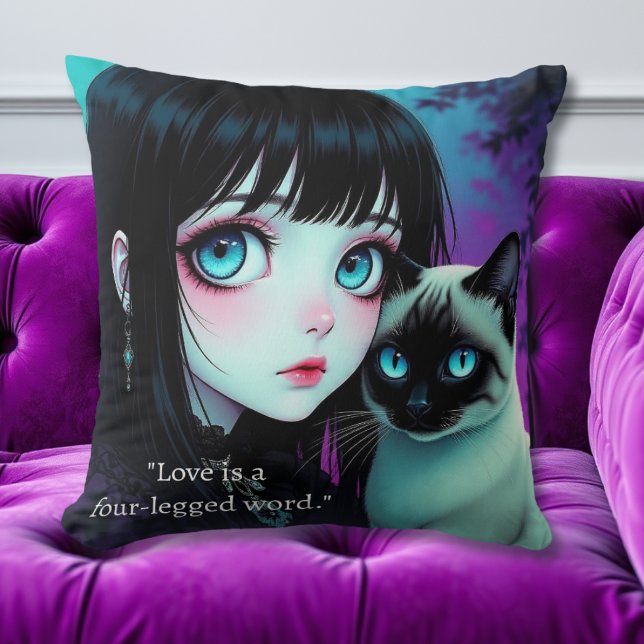 Anime Flicka och Siamkattscitat  Kudde (Skapare uppladdad)