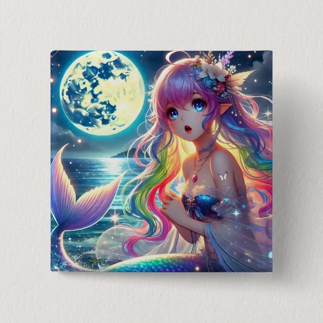 Anime Flicka Sjunger Månsken Pixie Regnbåge Havsfr Knapp (Framsida)