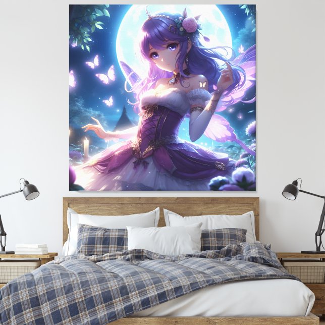 Anime Flicka Violett Fjärilsvinge Måne Älva  Canvastryck (Insitu (sovrum))