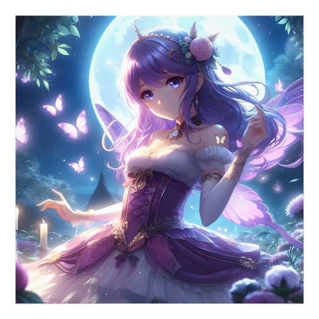 Anime Flicka Violett Fjärilsvinge Måne Älva  Fototryck (Framsidan)