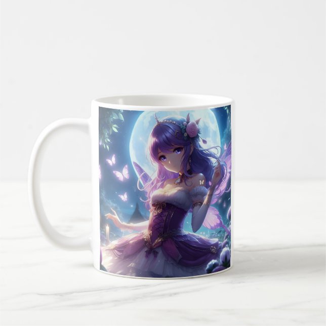 Anime Flicka Violett Fjärilsvinge Måne Älva  Kaffemugg (Vänster)