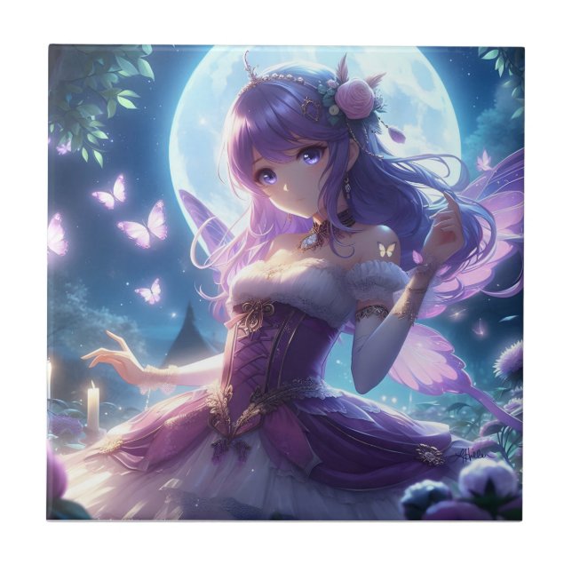 Anime Flicka Violett Fjärilsvinge Måne Älva  Kakelplatta (Framsidan)