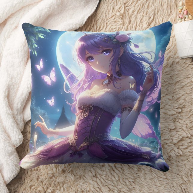 Anime Flicka Violett Fjärilsvinge Måne Älva  Kudde (Filt)