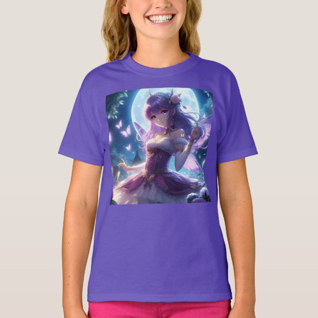 Anime Flicka Violett Fjärilsvinge Måne Älva  T Shirt (Framsida)