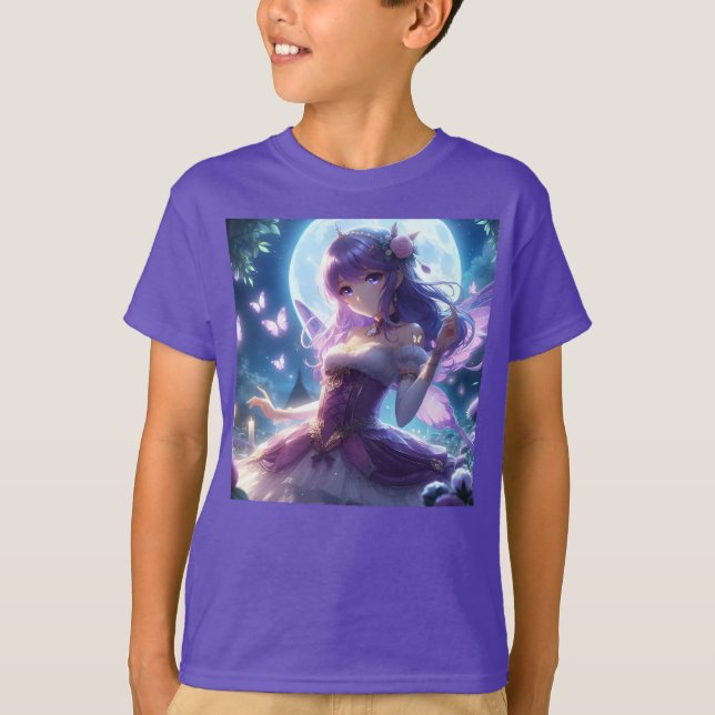 Anime Flicka Violett Fjärilsvinge Måne Älva  T Shirt (Framsida)