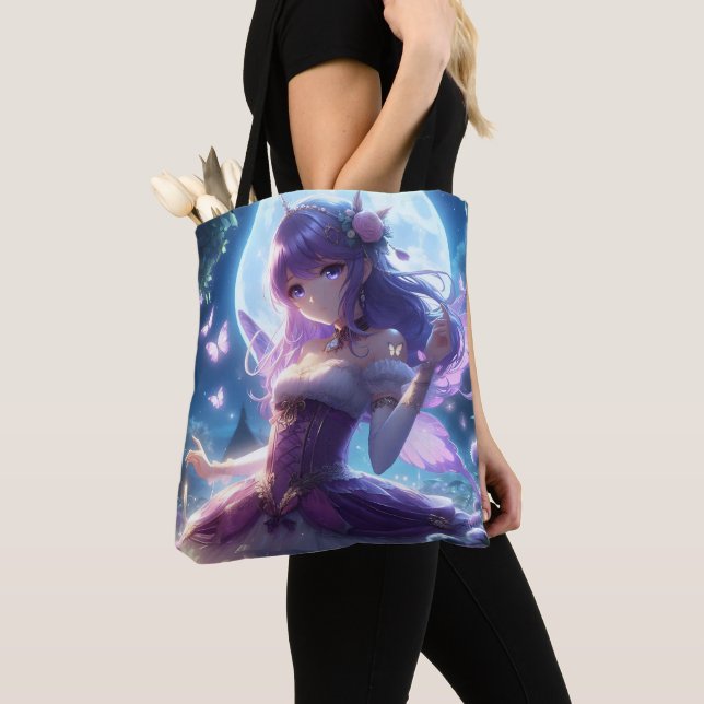 Anime Flicka Violett Fjärilsvinge Måne Älva  Tygkasse (Närbild)