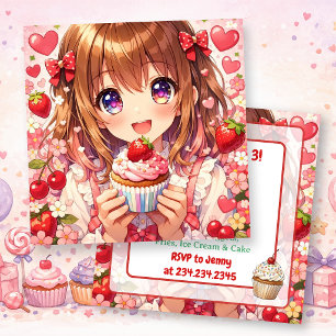 Anime Flickas Födelsedag Jordgubbar och Cupcakes Inbjudningar