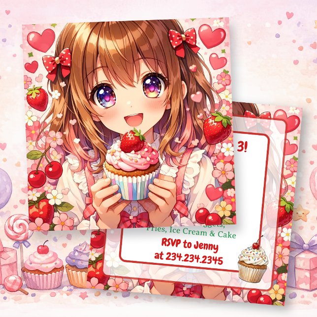 Anime Flickas Födelsedag | Jordgubbar och Cupcakes Inbjudningar (Skapare uppladdad)